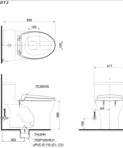 Bản vẽ 2D bồn cầu một khối MS855DT2 nắp đóng êm TC393VS