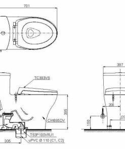 Bản vẽ 2D của bệ vệ sinh một khối cao cấp nắp đóng êm MS885DT2