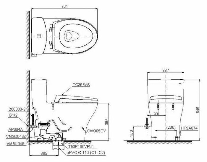 Bản vẽ 2D của bệ vệ sinh một khối cao cấp nắp đóng êm MS885DT2