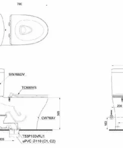 Bản vẽ 2D của bệ vệ sinh hai khối CS769DRT8 cao cấp, nắp rửa đóng êm