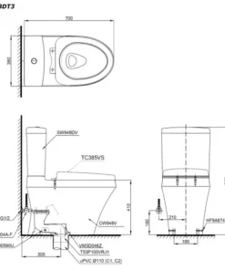 Bản vẽ kỹ thuật bàn cầu hai khối CS948DT3XW