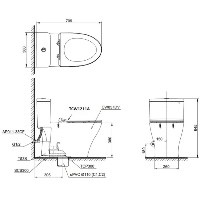 Bản Vẽ 2D Bàn Cầu 1 Khối MS857DE4